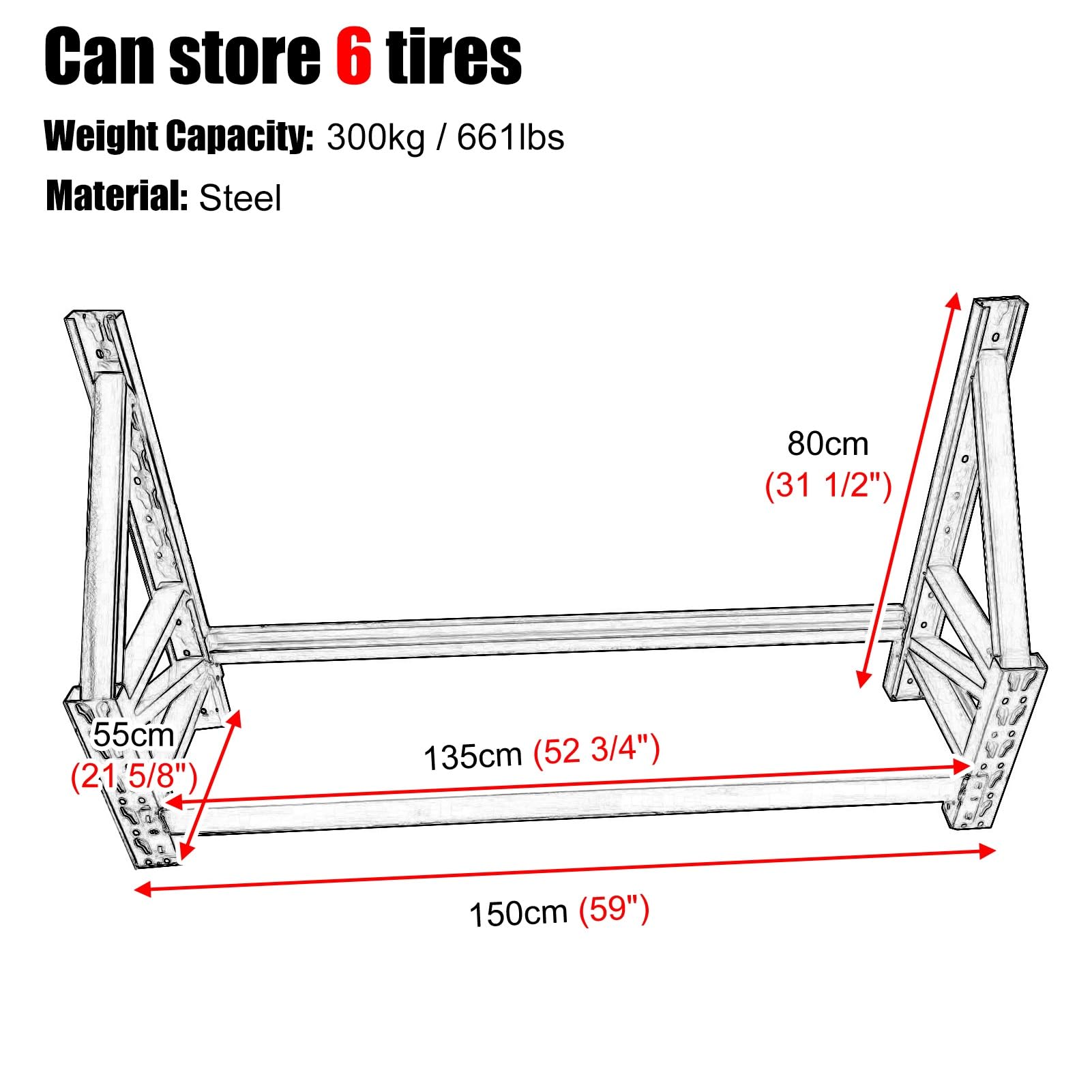 SDdPulse Supporto per pneumatici, supporto per pneumatici da parete, robusto supporto per pneumatici di scorta in acciaio regolabile in altezza, supporto salvaspazio per garage, 6 espositori per