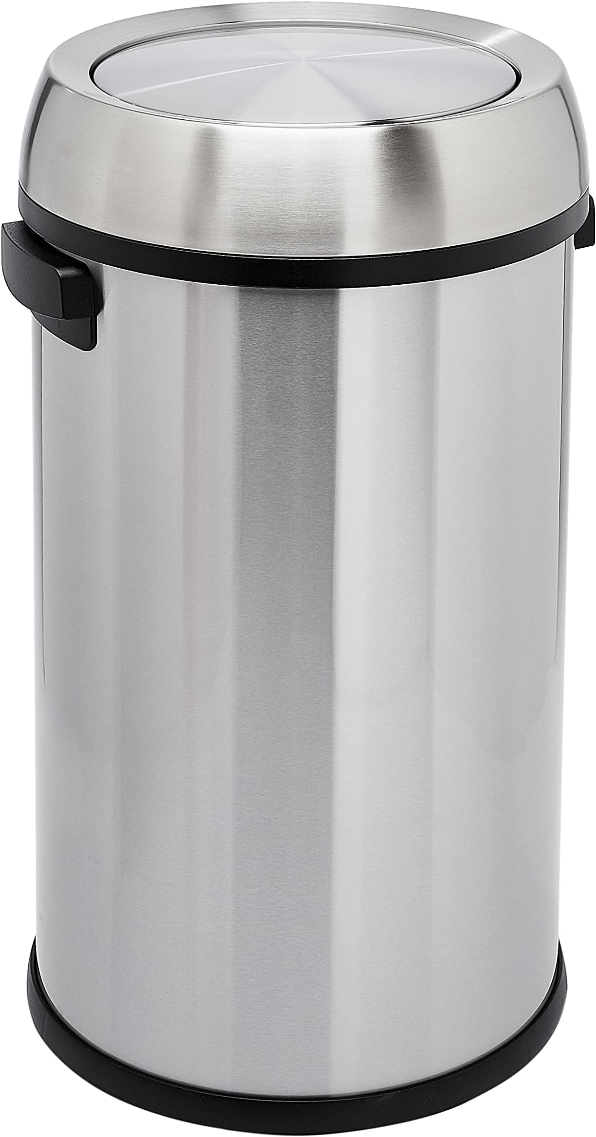 Round Stainless Steel Trash Can with Swing Lid, Fingerprint and Smudge Resistant, 65 Litre/17.2 Gallon, Silver, Black