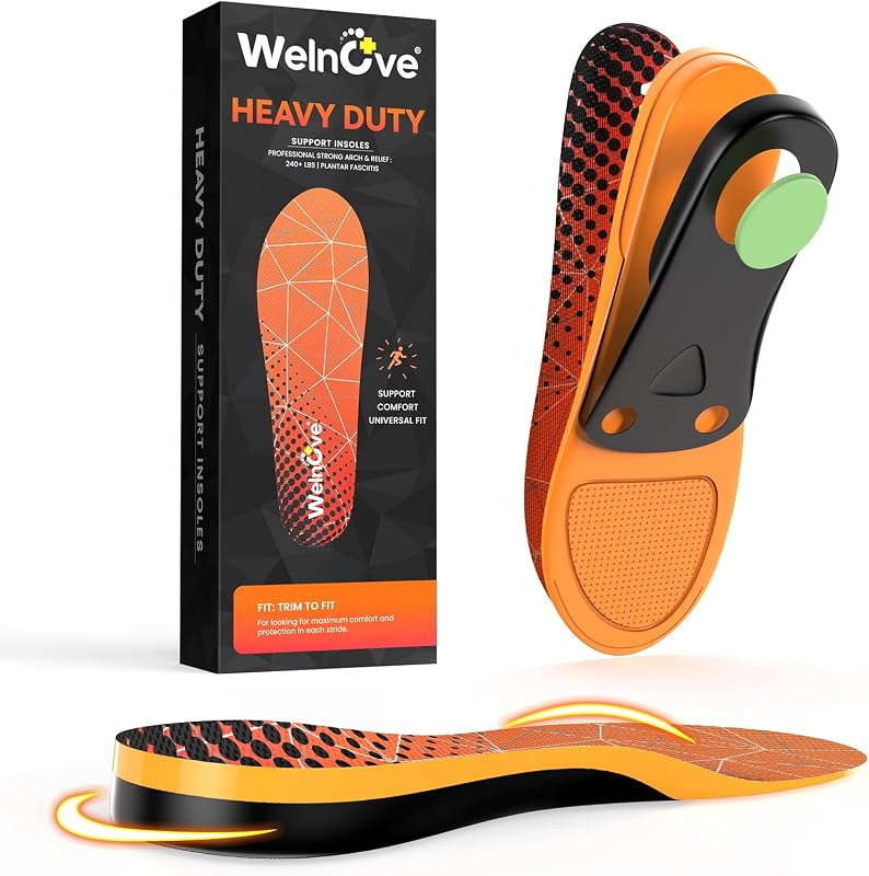 Welnove Heavy Duty Support Orthotics for High Arch & Flat Feet - Plantar Fasciitis Insoles for Men/Women 220+ lbs, Shock Absorbing Work Boot Inserts, Orthotic Shoe Insoles -S