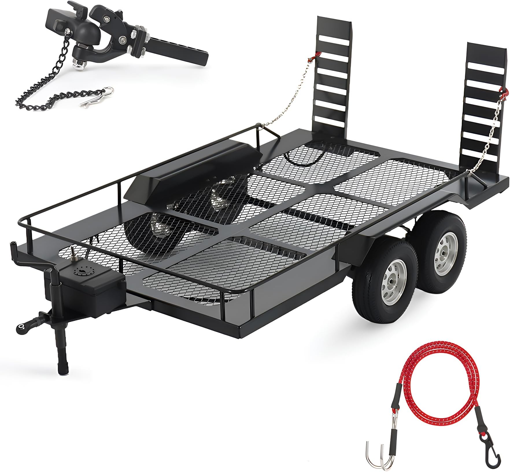 RC Trailer Metal 1/10 Scale Trailer Kit, for RC Crawler axial SCX10 D90 Wrangler TRX6 TRX4 Redcat GEN8 RGT 86100 SMT CFX CC01 CC02 LC80 trx4 Upgrades (RC Trailer Kit and Elastic Kinetic Winch Strap)