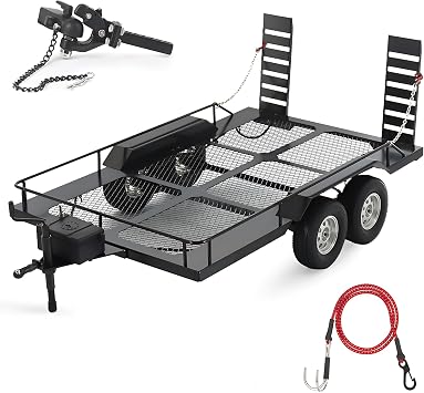 RC Trailer Metal 1/10 Scale Trailer Kit, for RC Crawler axial SCX10 D90 Wrangler TRX6 TRX4 Redcat GEN8 RGT 86100 SMT CFX CC01 CC02 LC80 trx4 Upgrades RC Trailer Kit and Elastic Kinetic Winch Strap
