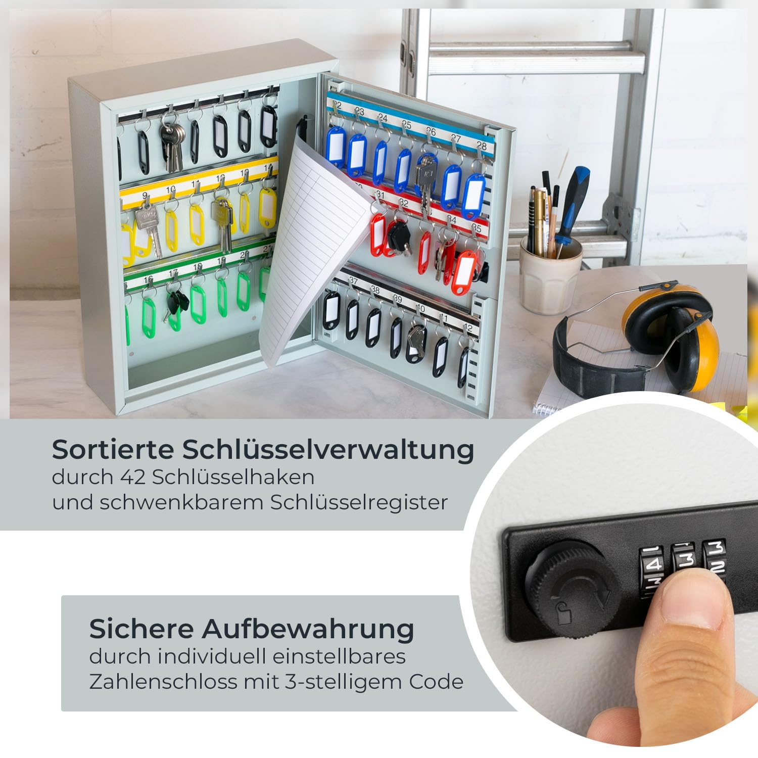 HMF 13642-07 Schlüsselschrank mit Zahlencode, Schlüsselkasten groß | 42 Haken | 35 x 27 x 8 cm | Lichtgrau