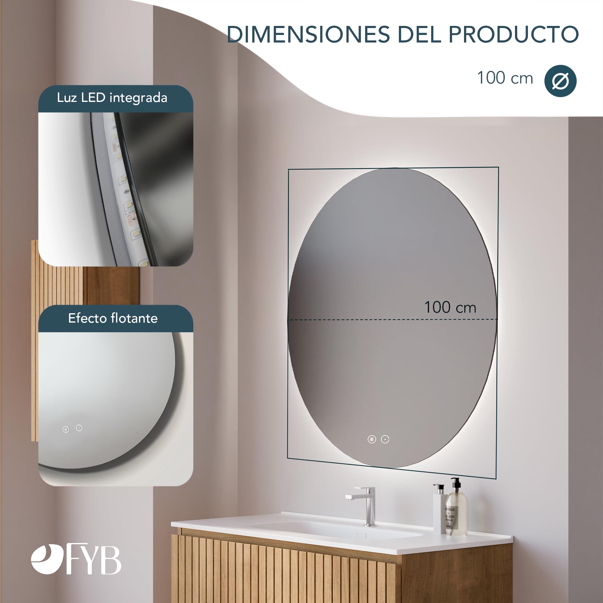 Espejo de Baño Redondo con Luz LED Regulable, Antivaho, Interruptor Táctil, Iluminación Frontal y Retroiluminada, Diseño Moderno, Bajo Consumo, Fácil Instalación Ø100 cm