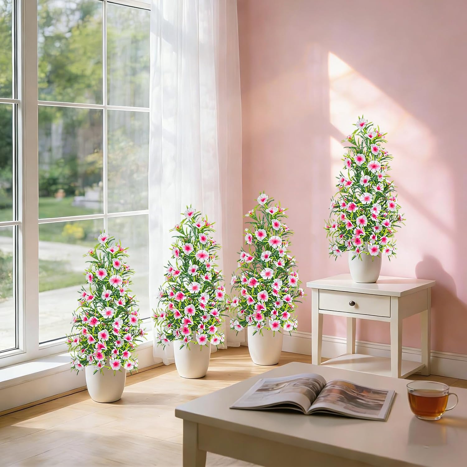 4 Pack Artificial Topiary Trees with Ground Spike for Outdoor, 19" Faux UV Resistant Shrubs with Flowers, Realistic Artificial Fake Bushes Plants for Home Garden Yard Porch Patio Decor (White)