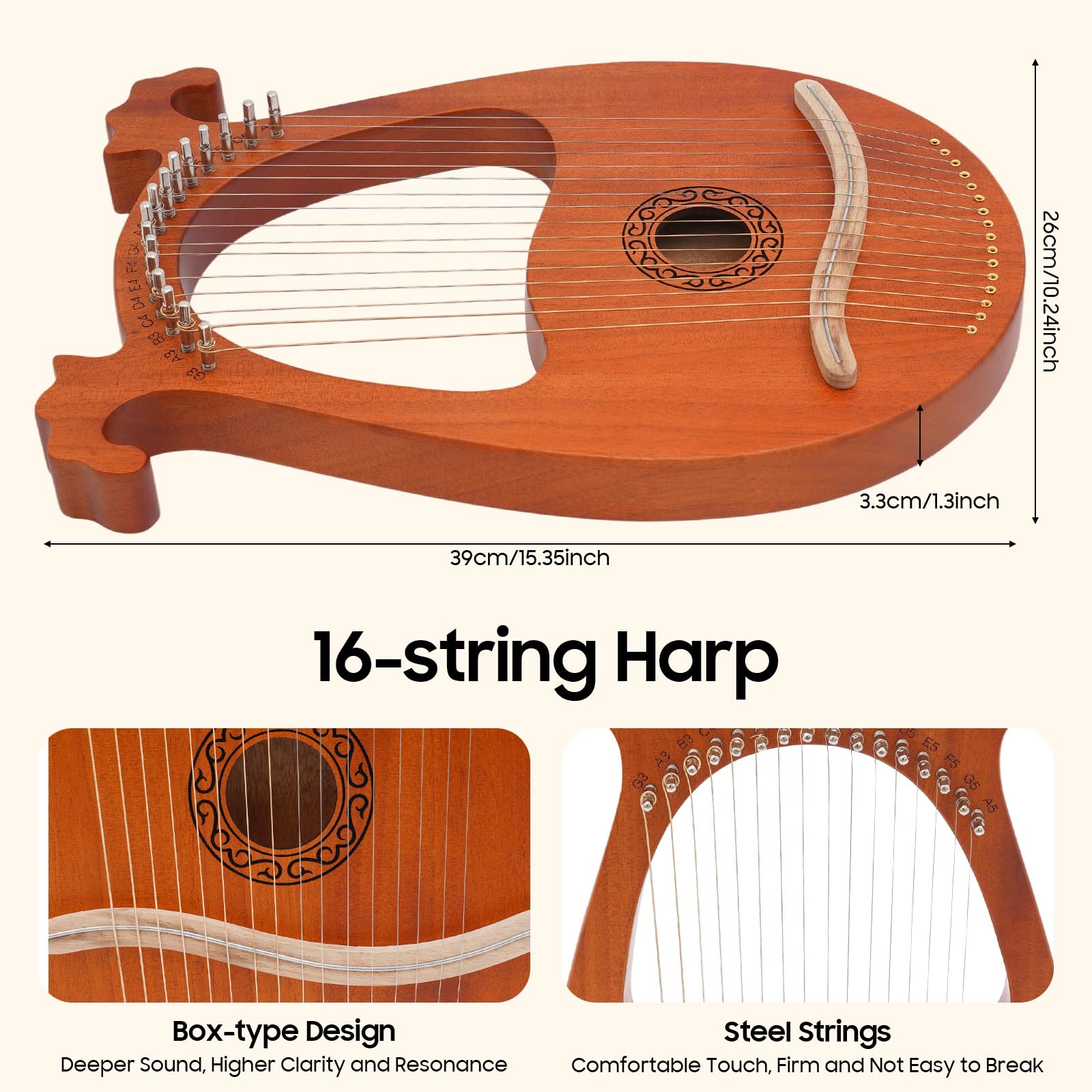 Harpe Lyra Harpe acajou - Pour débutants - Design européen - 16 cordes - Portable - Accordeur pratique - Pour cours de musique et familles - Sécurité - Dimensions : 26 x 3,3 x 39 cm