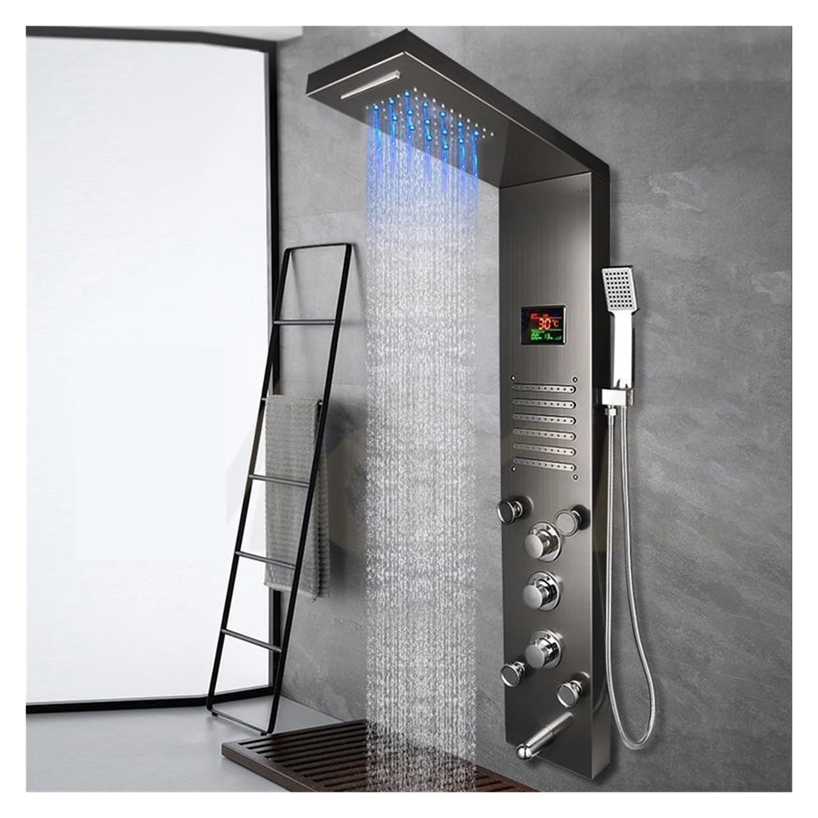 Soywim Dark Grey Shower System, Nickel Brushed Digital Display Shower Panel， Column Led Rain Waterfall Spa Jets， Bath Mixer Faucet(Dark Grey)