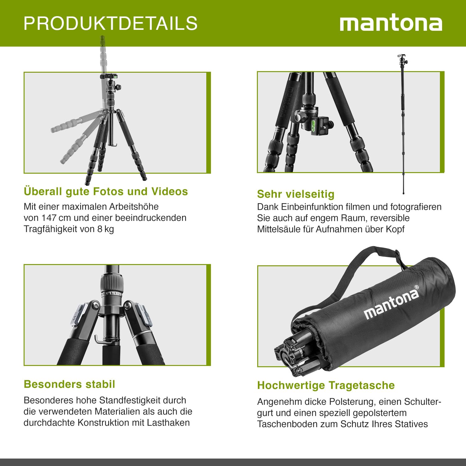 Mantona Cavalletto fotografico da viaggio DSLM Travel Evolution 2252-RA regolabile fino a 147 cm, max 8 kg, con testa a sfera, Treppiedi Stativo fotografia