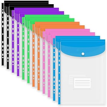 Punched Pockets Plastic Wallets,12 Packs A4 File Folders for Document Paperwork Holders File Jackets with Snap Button Tab Card Punched Holes for School Office Home