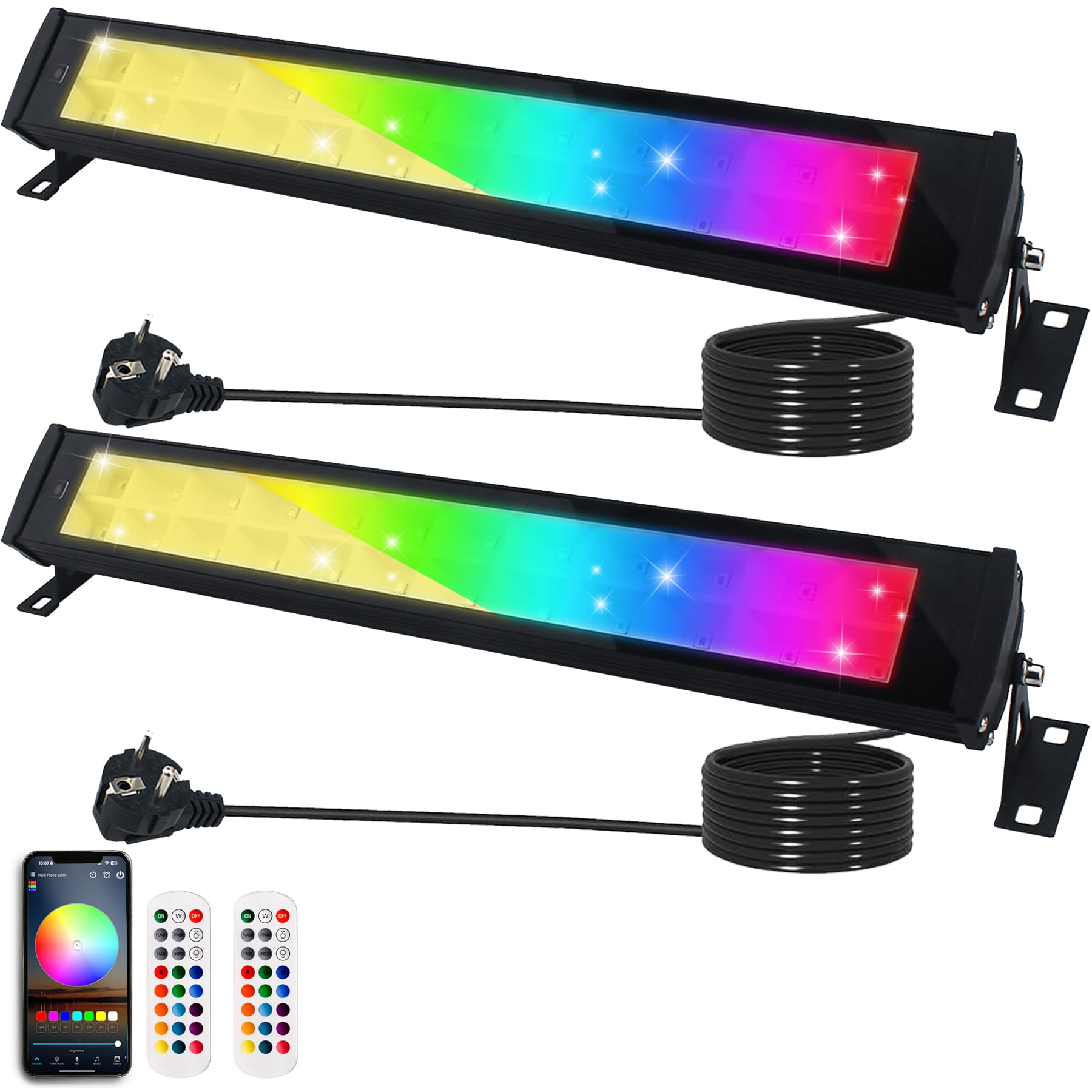 Faretto LED RGB Esterno 50W, 2 Pezzi Barra LED RGB con 360° Telecomando e Controllo APP Bluetooth, Impermeabile IP66 Faretti RGB da Esterno Luce d'Atmosfera RGB per Festa Natale Giardino