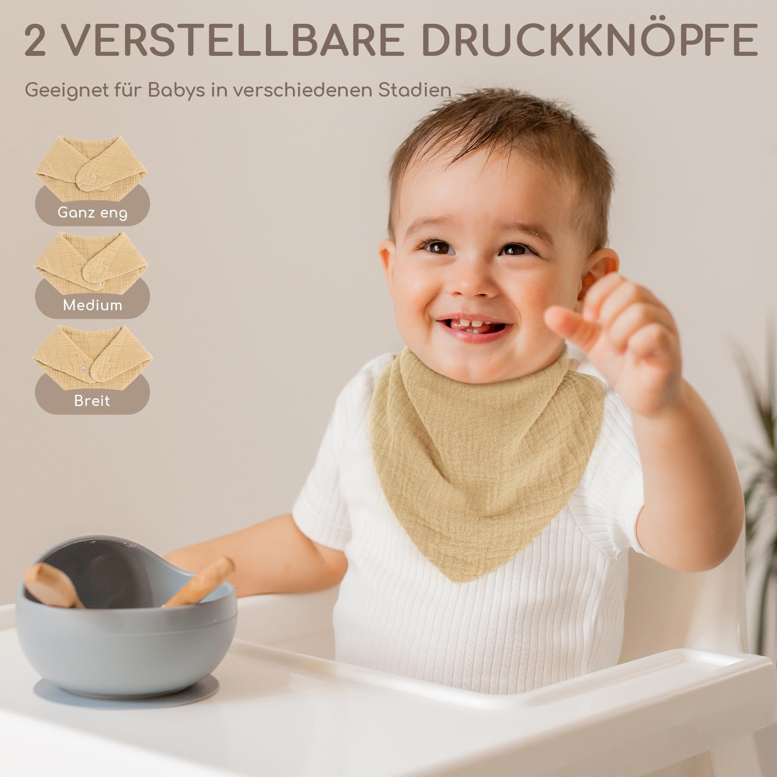 Baby Lätzchen Dreieckstuch Musselin Halstuch 100% Baumwolle Saugfähig Verstellbar 6 Stück Beige Braun