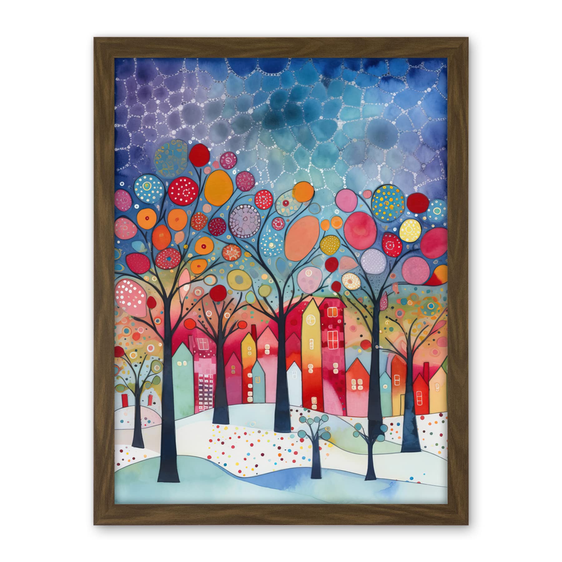 Artery8 Winter Abstract Village Folk Art Artwork Framed Wall Art Print 18X24 Inch