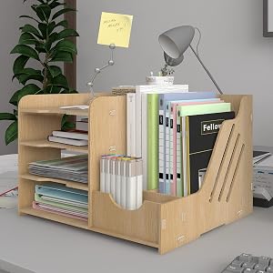 PUNCIA 4 Tier Wooden Desktop Organizer Letter A4 File Rack Mail Sorter | Tabletop Storage Box with Vertical & Horizontal File Holder for Office Supplies Binders Folders Trays