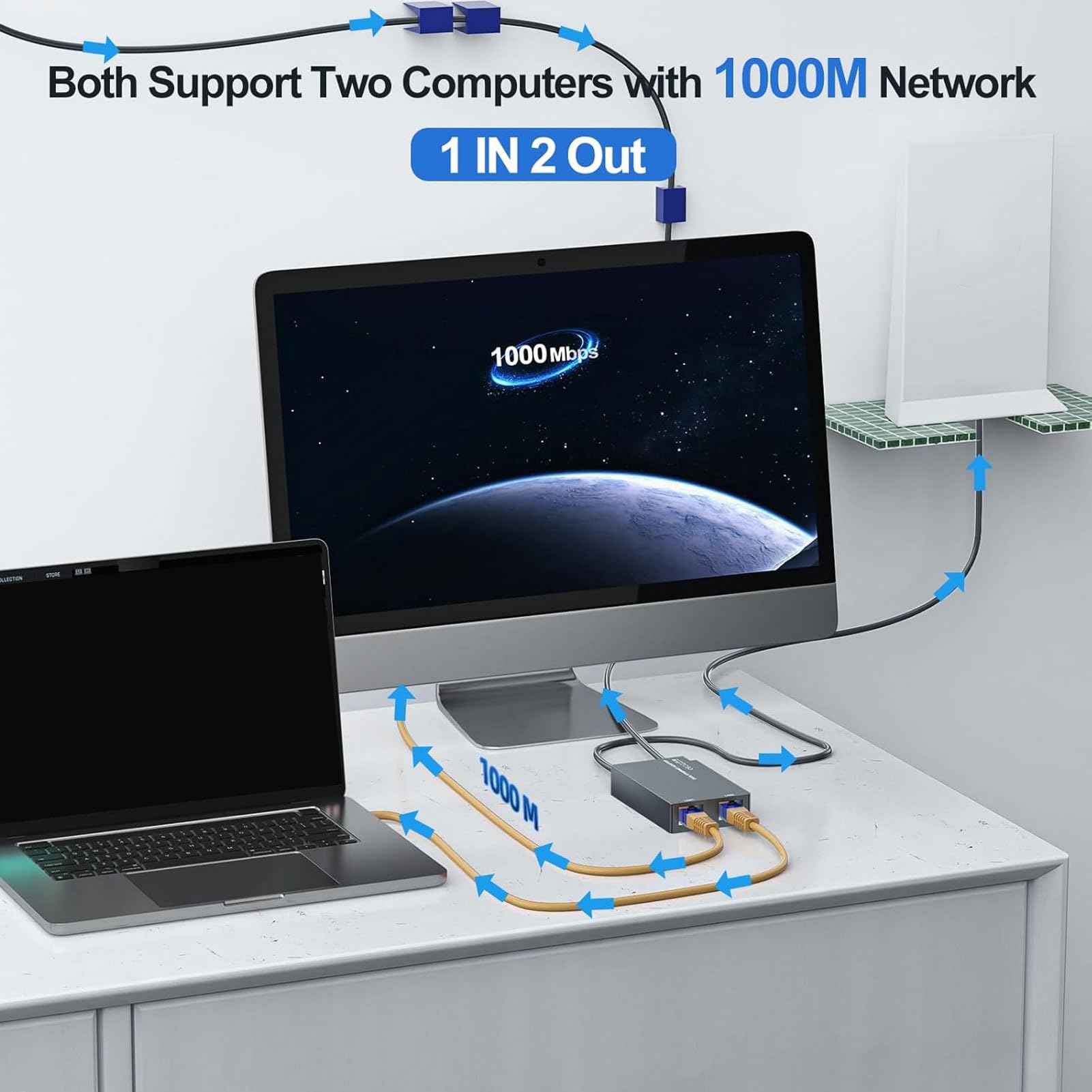Garosa 2-portowy Adapter Ethernet Rozdzielacz Gigabit Ethernet do Połączenia Przewodowego z konstrukcją Plug and Play Zgodny z Systemem Satelitarnym Gen 2 V2