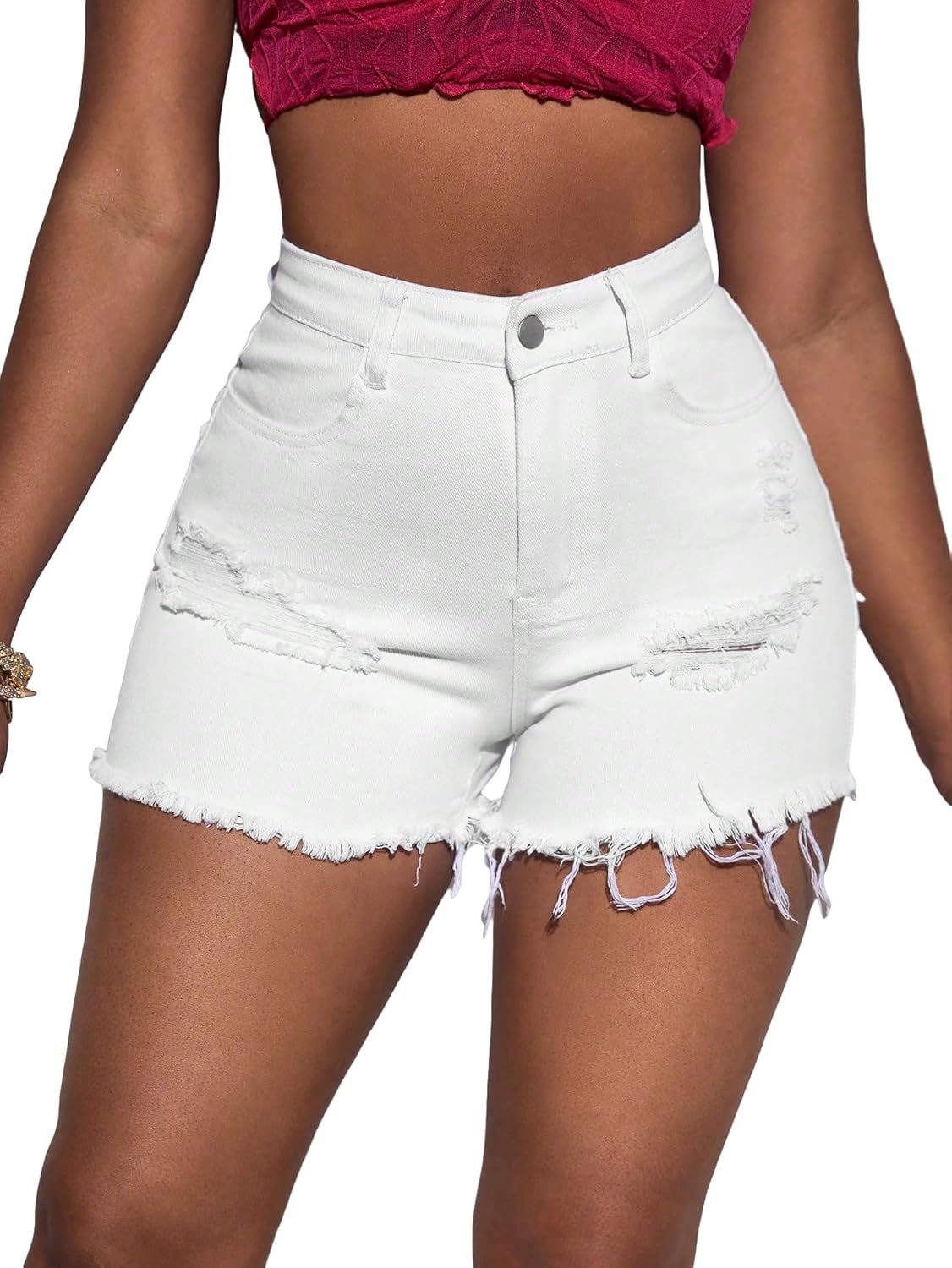 Size XXL Floerns Women's Casual Solid High Waist Frayed Hem Straight Leg Ripped Denim Shorts XX-Large White
