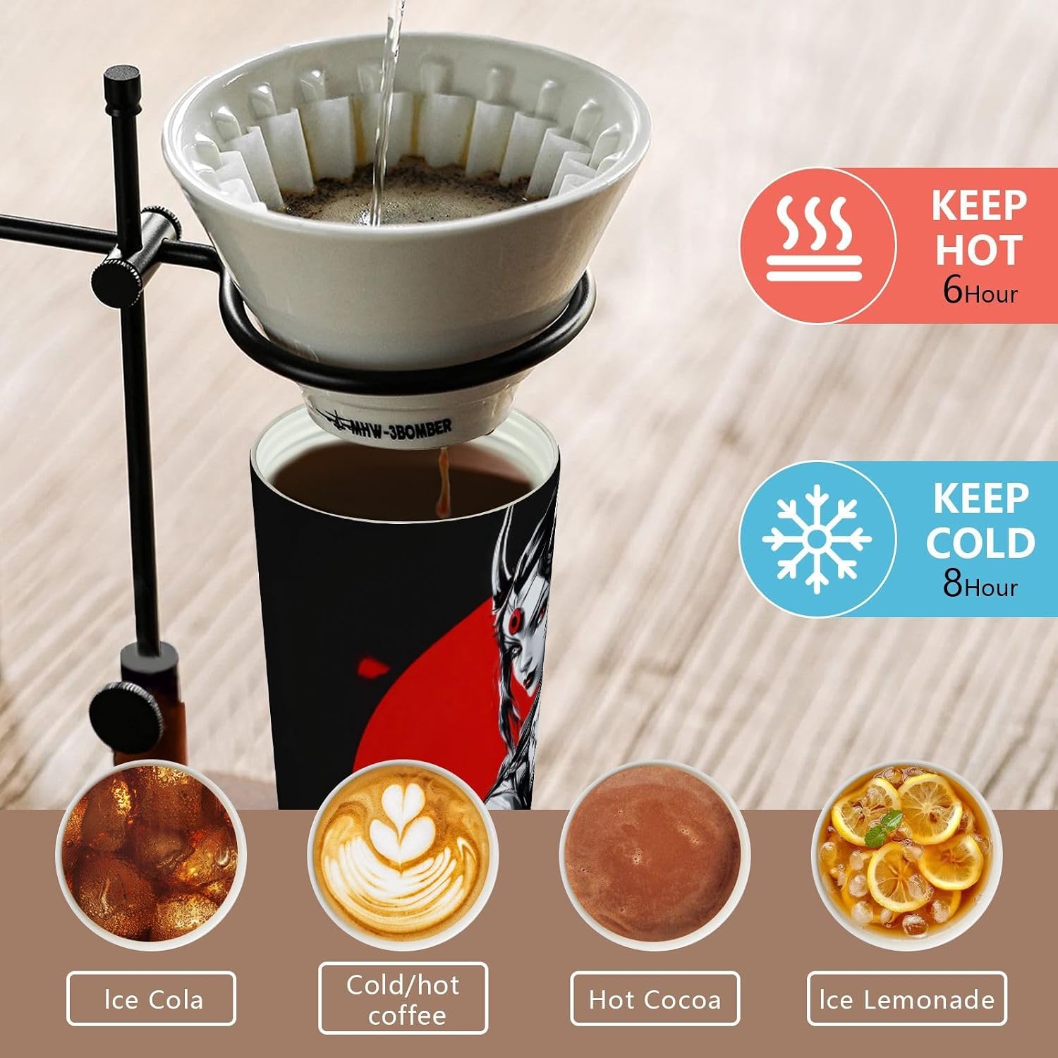 Samurai Woman Black Insulated Coffee Mug with Straw & Flip Lid, 16.9oz Iced Tumbler Cup, Double Wall Vacuum Mug for Travel Office