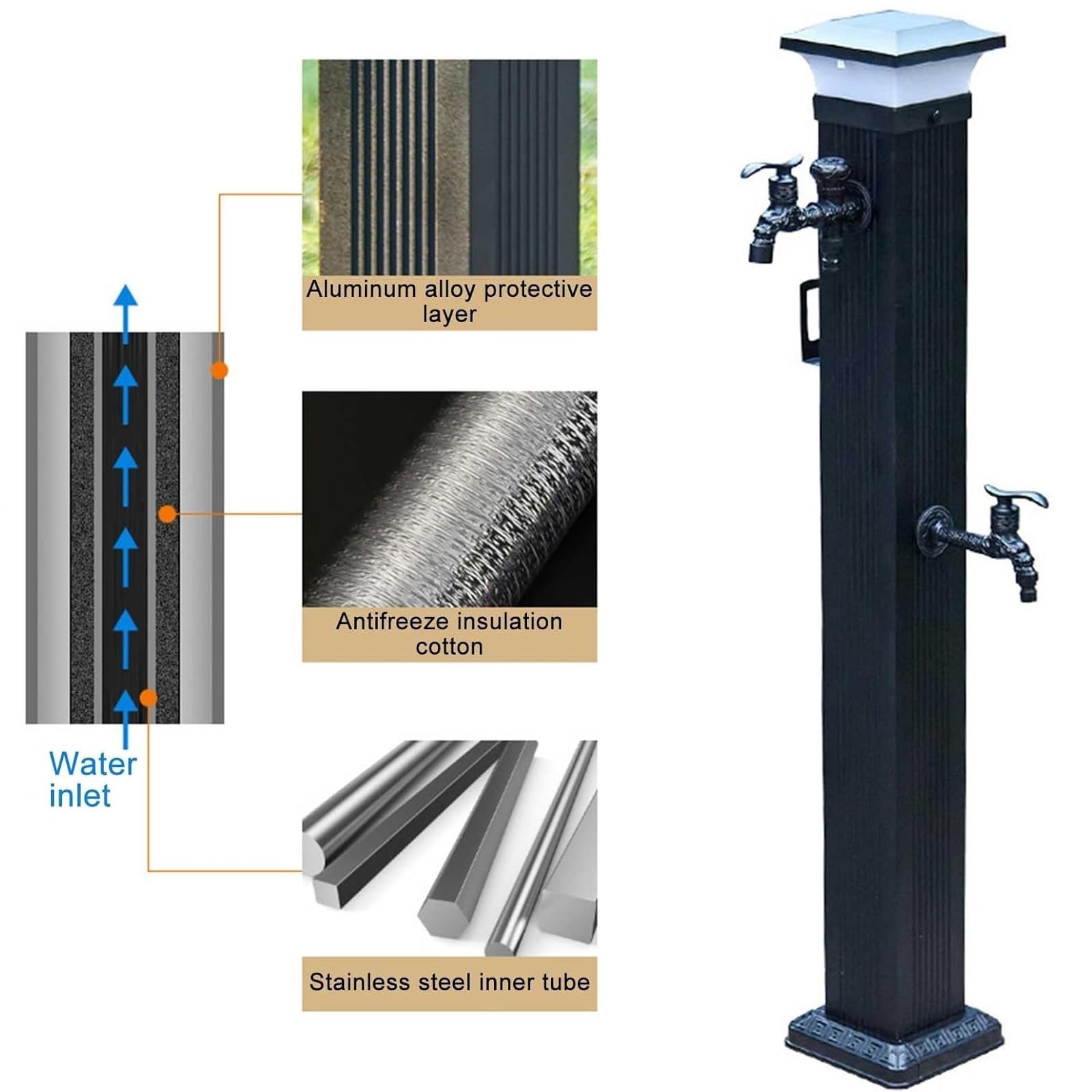 Colonne d'eau Solaire Élégante pour Jardin, Distributeur d'eau en Alliage D'aluminium, Robinet Autoportant, Colonne D'extérieur Antigel pour Irrigation(61cm/24in)