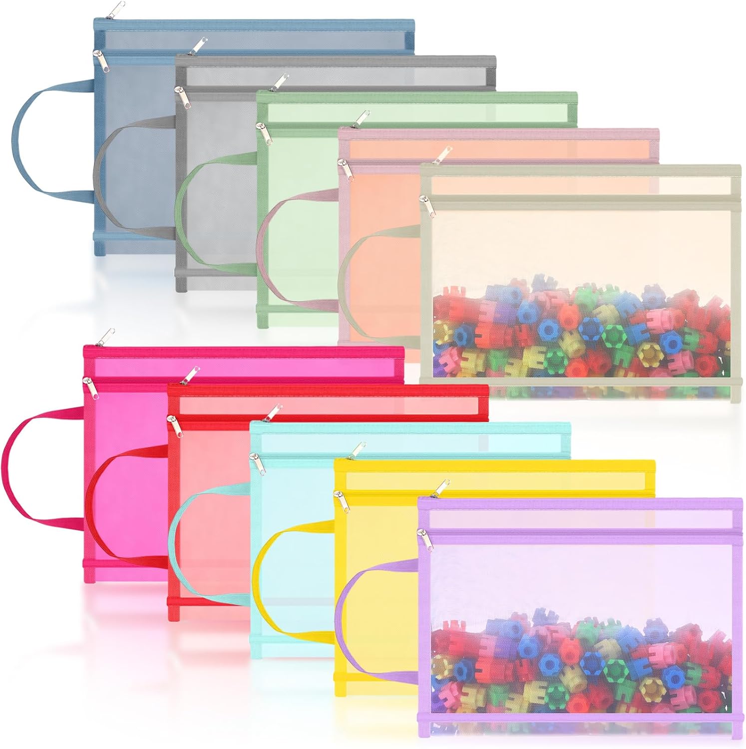 10 Pack A4 Colored Mesh Double-layer Mesh Zipper Pouch Bags Nylon Puzzle Building Block Sets Toy Storage & Organization, Breathable Zipper Pouch with Handle for School Office(Mixing Colors)
