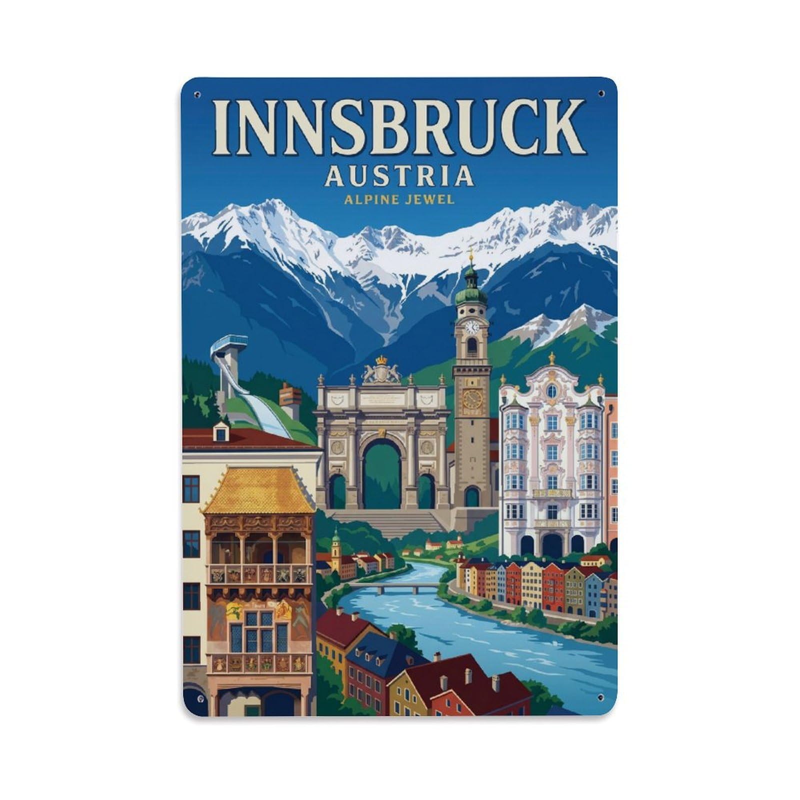 Olhnbad Style Austrian Innsbruck Austria Panoramic Alpine Travel Metal Tin Sign