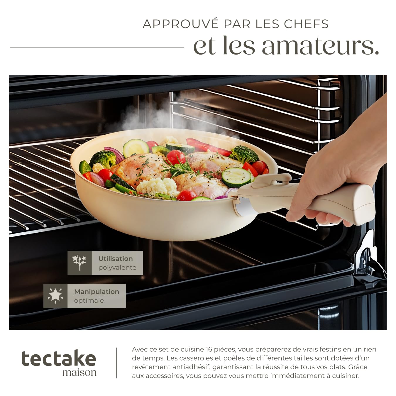 tectake® Batterie de cuisine 16 pcs, 2 Casseroles, 3 Poeles, 4 couvercles, 3 protège Casseroles Spatule Louche Induction gaz Vitrocéramique Poignées amovibles Revêtement antiadhésif en céramique Blanc