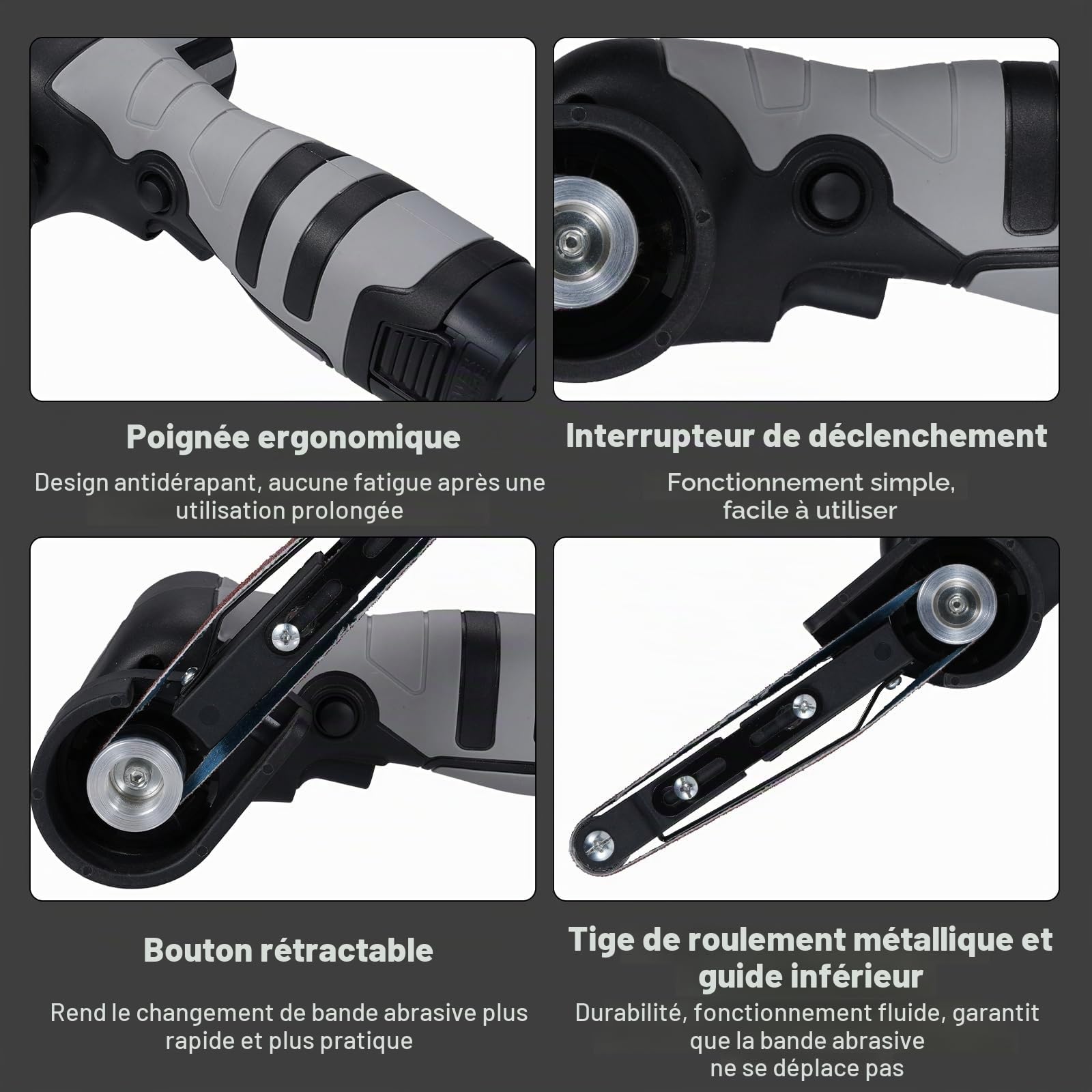 Geevorks Ponceuse à bande électrique Mini-ponceuse à bande de 6500 tr/min et 10 bandes abrasives pour bois, métal et plastique