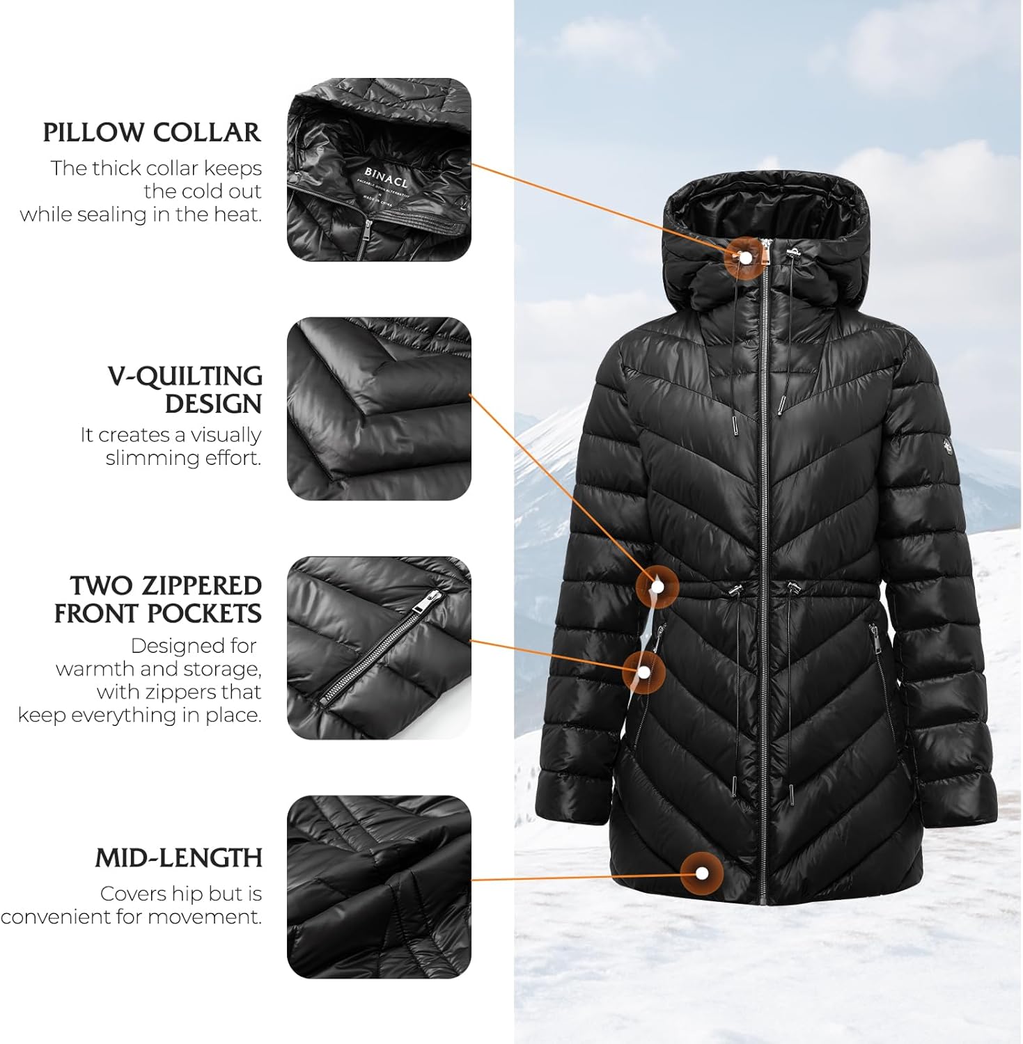 BINACL Women's Winter Warm Long Stylish Shiny Coat Outwear Pockets Quilted Thicken Hooded Parka Jacket with Adjustable Waist - Image 4