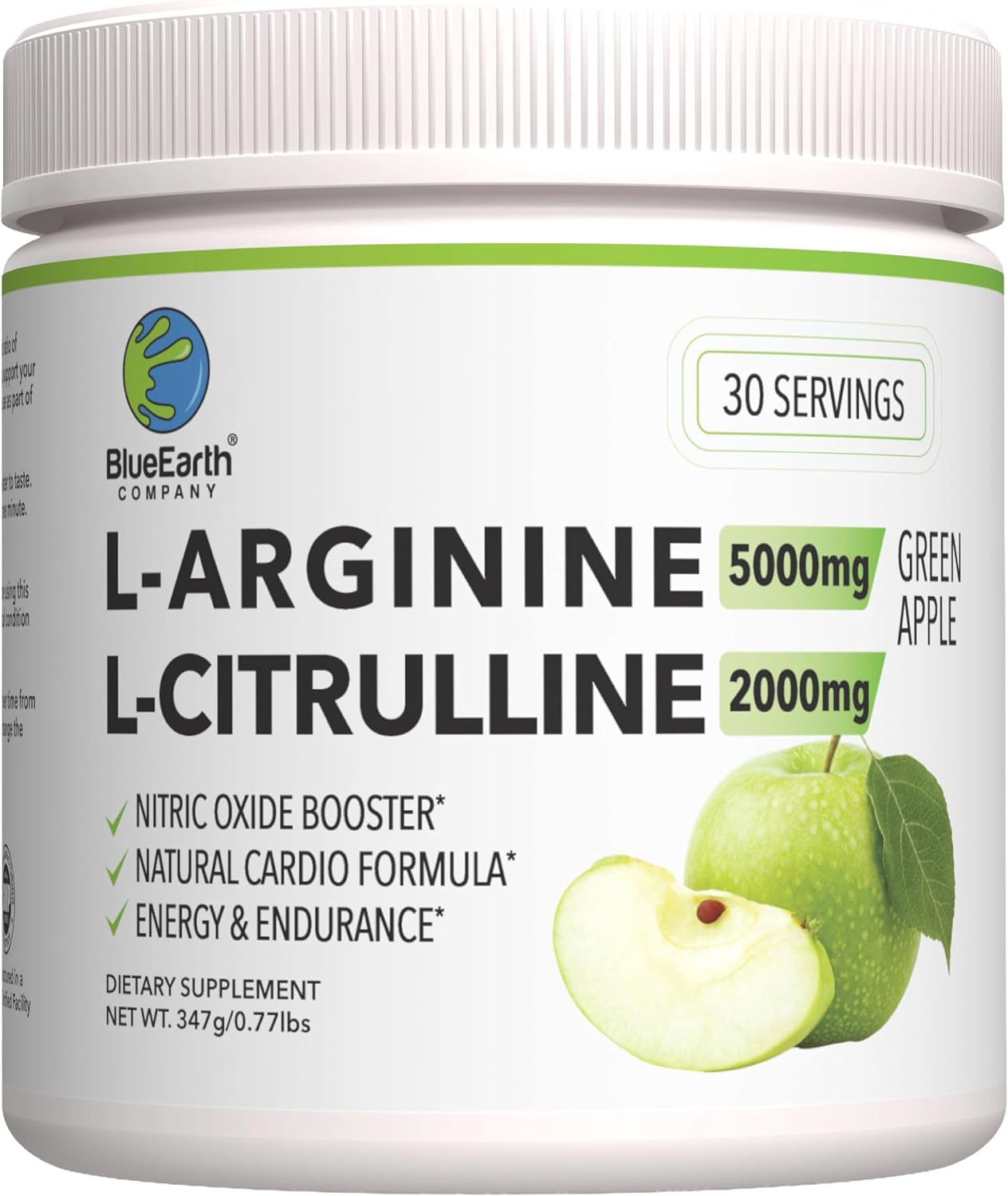 L-Arginine 5000mg + L-Citrulline 2000mg Complex Powder Supplement Drink Mix - Nitric Oxide Booster for Heart Health, Blood Flow & Energy - 30 Servings (Green Apple)
