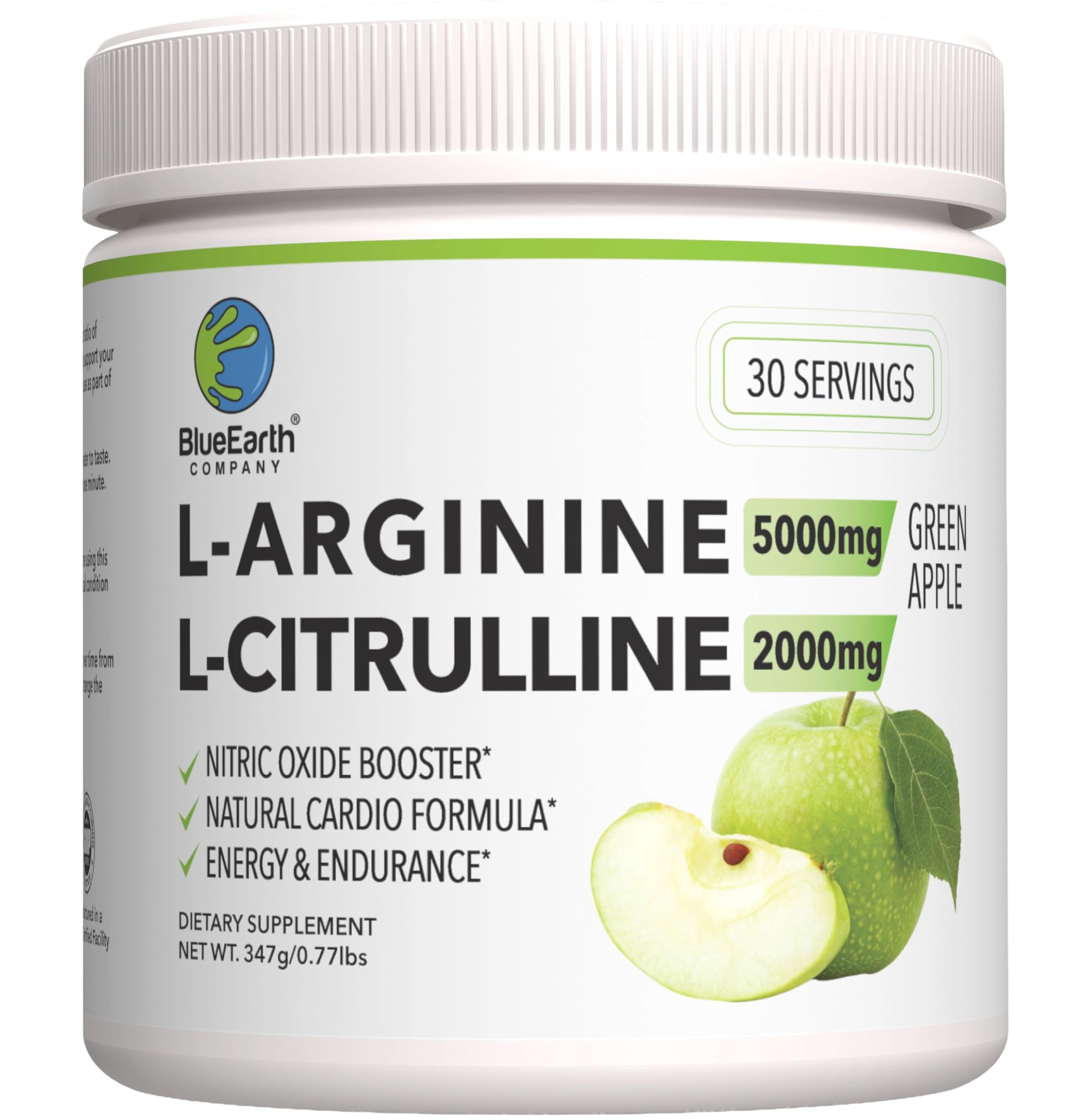 L-Arginine 5000mg + L-Citrulline 2000mg Complex Powder Supplement Drink Mix - Nitric Oxide Booster for Heart Health, Blood Flow & Energy - 30 Servings (Green Apple)