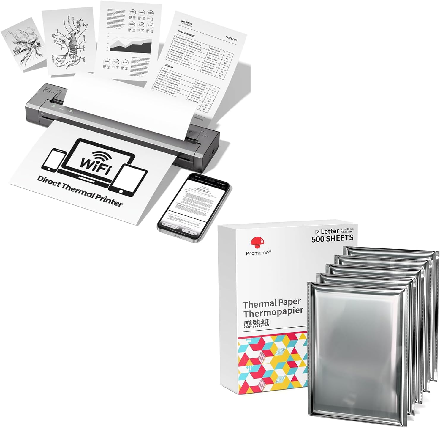 Phomemo G100 Pro Upgraded WiFi Direct Print Portable Printers Wireless for Travel & 500 Sheets Thermal Printer Paper 8.5 x 11 Inch