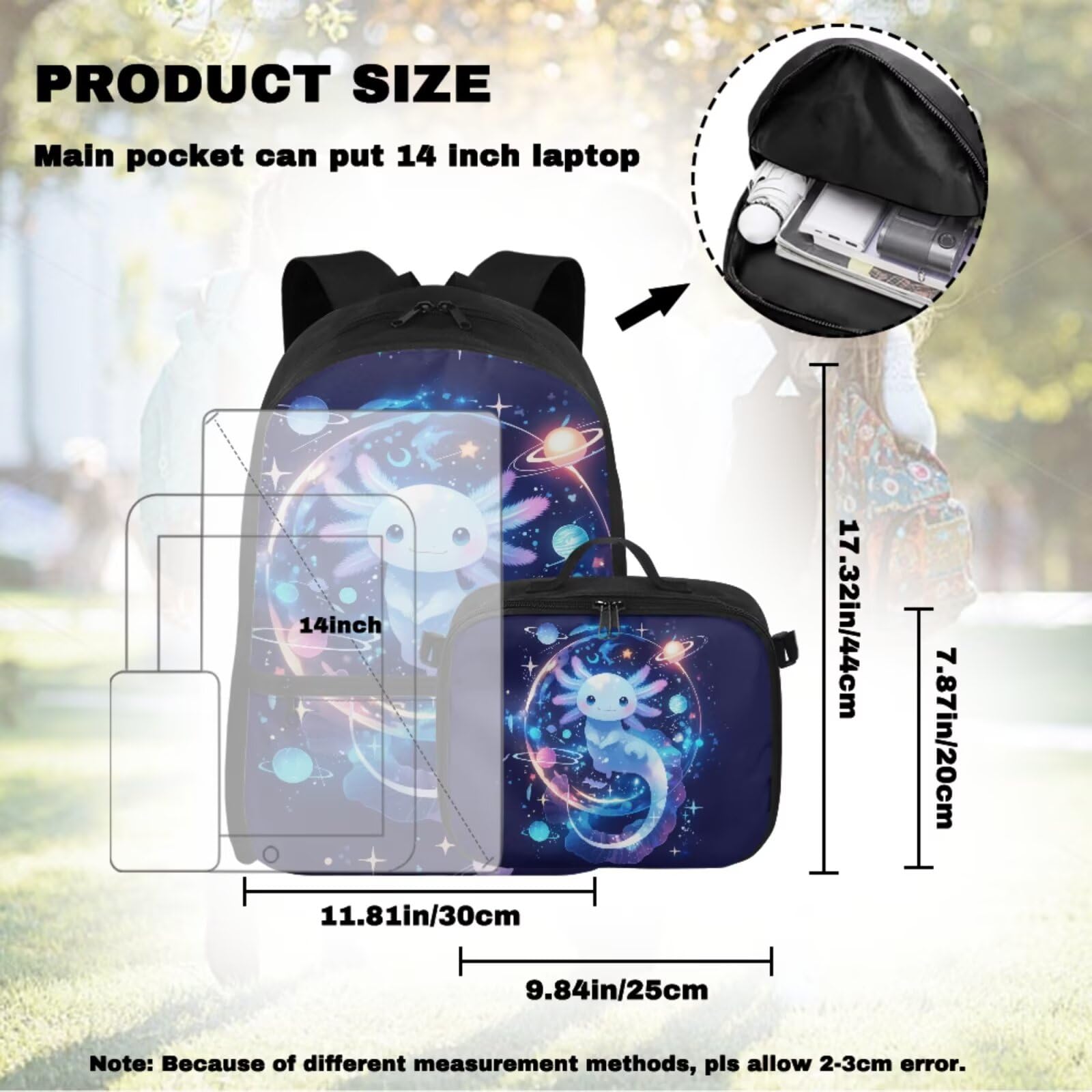 Kinder-Rucksack, Schultasche und Lunchbox-Set für die Grundschule, 43,2 cm, mit Wasserflaschentasche, Axolotl Galaxy, M, Casual