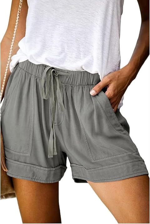 comefohome Shorts Womens UK Summer Drawstring Cotton Elastic Waist Solid Color Casual Shorts with Pockets