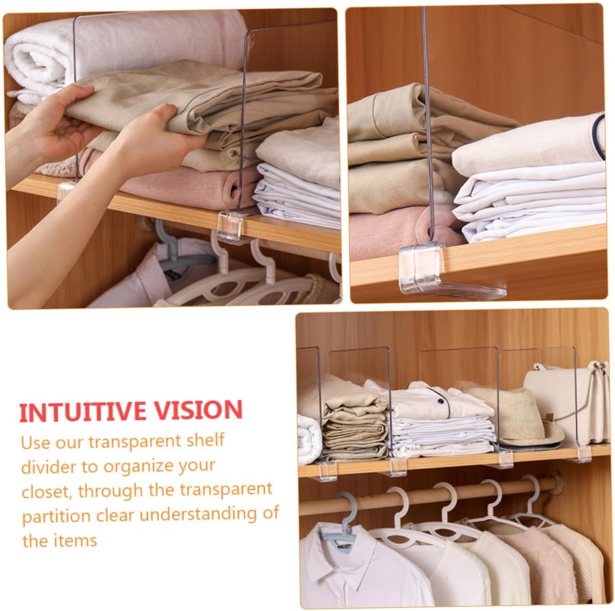 2pcs Transparent Acrylic Shelf Dividers for Closet Wardrobe and Cabinet Organization Installation Partitions for Kitchen Bedroom Office Storage Space-Saving Closet Separators