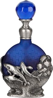 8ml Refillable Glass Perfume Bottle with Antique Silver Dophin Figurine Collectible - Empty Decorative Blue Bottle for Essential Oil Fragrance - Handpainted Enameled Gift Dresser Table Decor