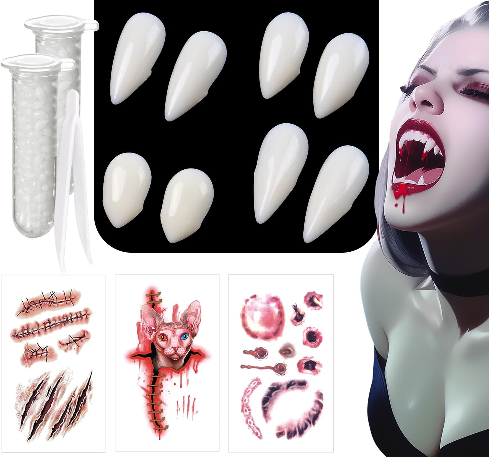 10 Piece Vampire Teeth Set,4 Sizes Vampire Fangs,Fake Fangs Vampire Teeth Adult with 2 Tube Teeth Pellets Adhesive,For Cosplay Party Props Halloween Horror Party Fangs. (Beige-B)