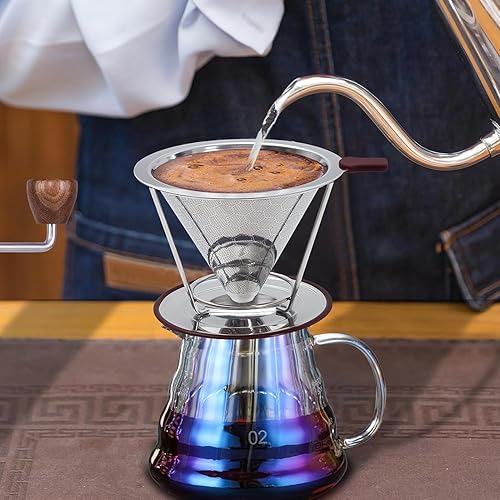Miniatura 7 de Juego de gotero para verter sobre café, filtro sin papel de acero inoxidable y servidor de vidrio iridiscente, olla resistente al calor, 16.9 fl oz