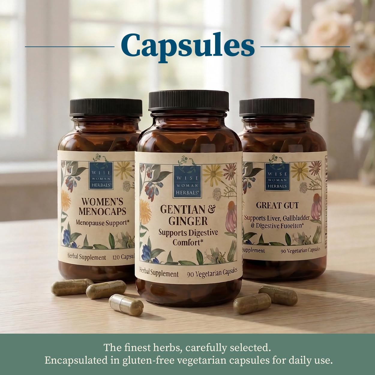 Wise Woman Herbals Gentian & Ginger Capsules, Pure Non-GMO, Herbal Digestive Bitters, Relieves Indigestion, Bloating, Gas & Upset Stomach, Supports Appetite, Gut & Liver Health, 90 Veg Caps