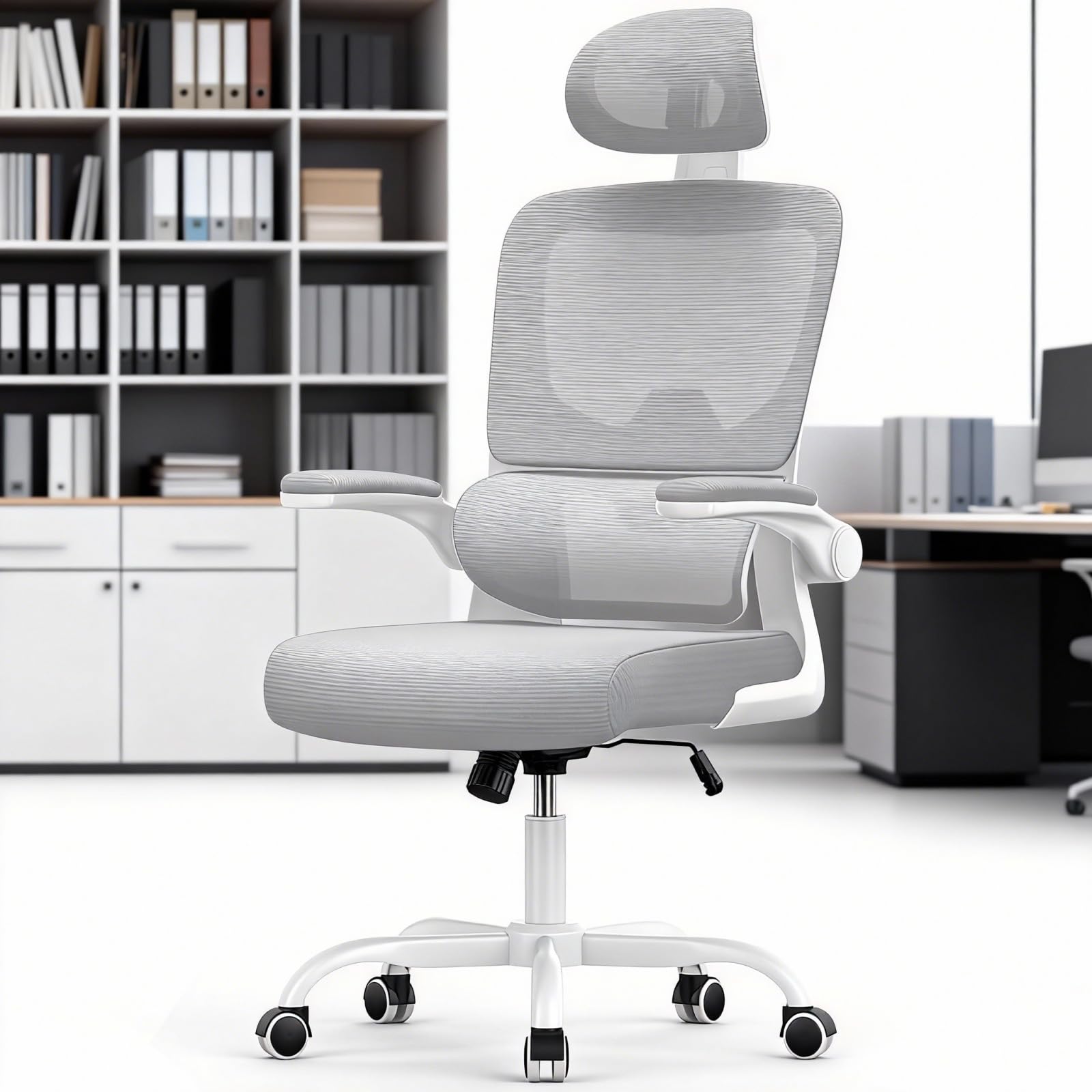Silla de oficina giratoria ergonómica con función de balancín, reposacabezas ajustable y reposabrazos abatibles, respaldo de soporte de 4 zonas, soporte lumbar dinámico, asiento de malla