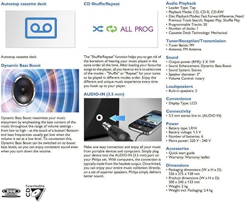 Miniatura 2 de Philips Boombox Reproductor de CD Portátil - Reproductor de MP3 Portátil y Reproductor de Cinta de Cassette, Sistema de Sonido Estéreo Compacto Boom