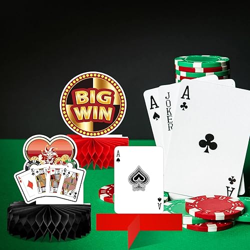 Miniatura 5 de 16 piezas de decoración de fiesta temática de casino, dados de póquer, centros de mesa 3D de panal para mesas, juego de tarjetas de casino,
