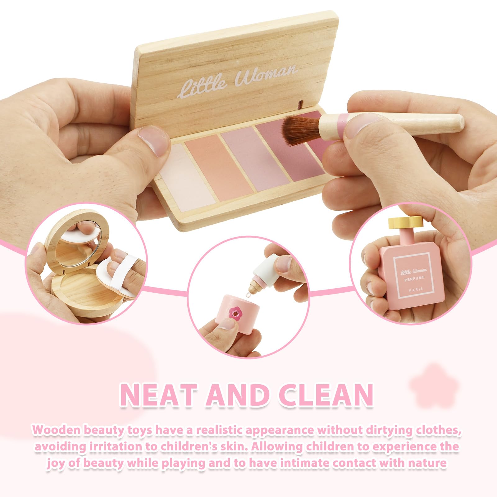 Set De Maquillaje De Madera JOYBOY Para Niñas – Maletín Con Crema, Sombras, Colorete, Pintalabios Y Más | Juguete De Rol A Partir De 3 Años | Regalo De Cumpleaños Y Navidad | Incluye Neceser Y Espejo