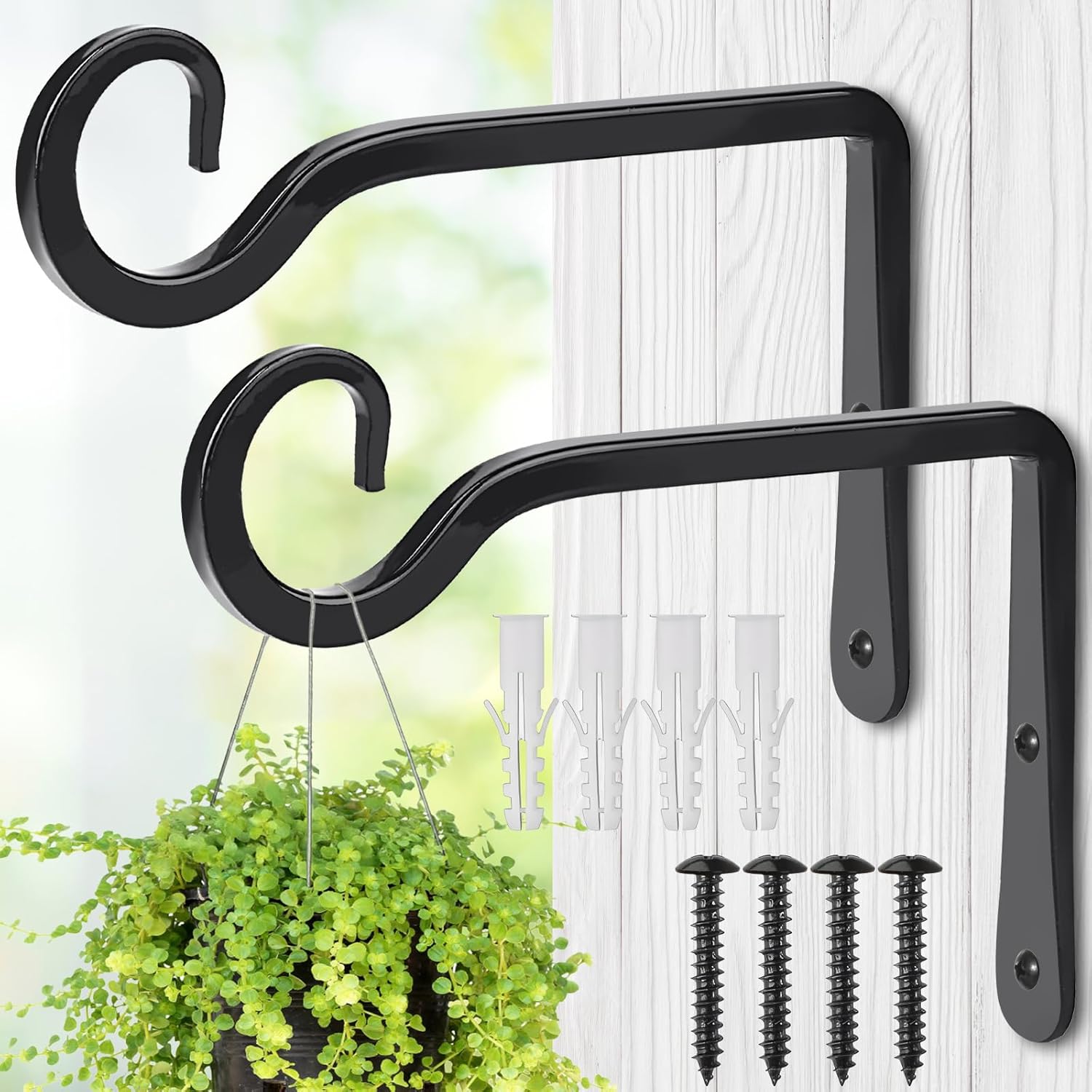 MOWPOG 2 Pack 6 Inch Metal Hanging Plant Brackets Outdoor - Heavy Duty 44 lbs Wall Hooks for Plants, Bird Feeders, Flower Baskets, Black