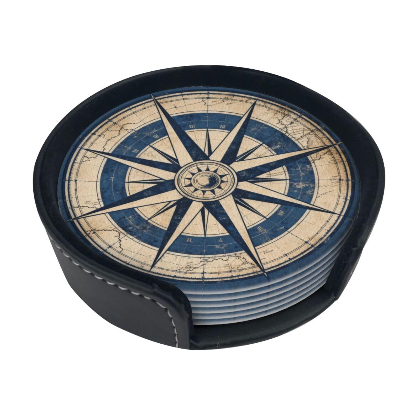 Cntdbu White Compass Rose Design Leather Coasters Set Of 6-Pu Leather Drink Mats For Table, Heat Resistant Round Coasters With Holder