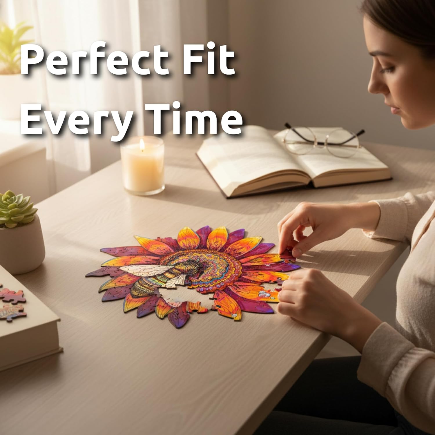 Bee on Sunflower Wooden Jigsaw Puzzle for Adults, 12x12 Inch Eco-Friendly Plywood Puzzle with Unique Whimsy Pieces, Brain Boosting Nature Game, Frameable Wall Art in Premium Gift Box