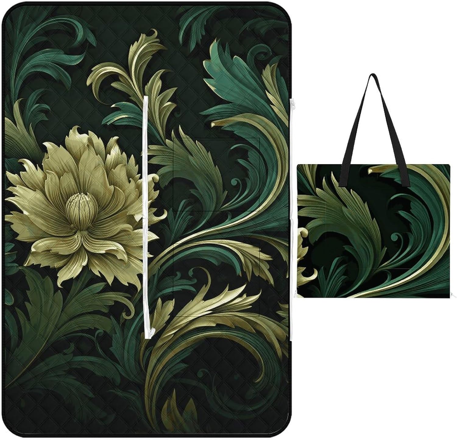 Dark Green and Green Style Picnic Blanket 150x100cm, Foldable 2-in-1 Picnic Mat and Tote Bag Portable Waterproof Beach Mat Sandproof Outdoor Blanket for Park, Hiking, Beach, Camping, Travel