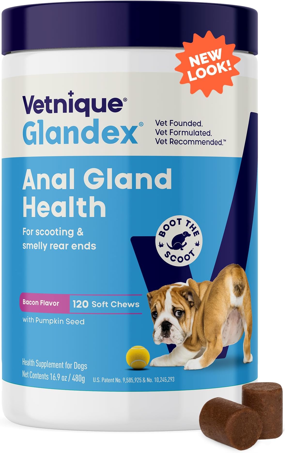 - Vetnique Glandex Anal Gland Soft Chew Treats with Pumpkin for Dogs Digestive Enzymes, Probiotics Fiber Supplement for Dogs Boot The Scoot (Bacon Flavor Chews, 120 Count)