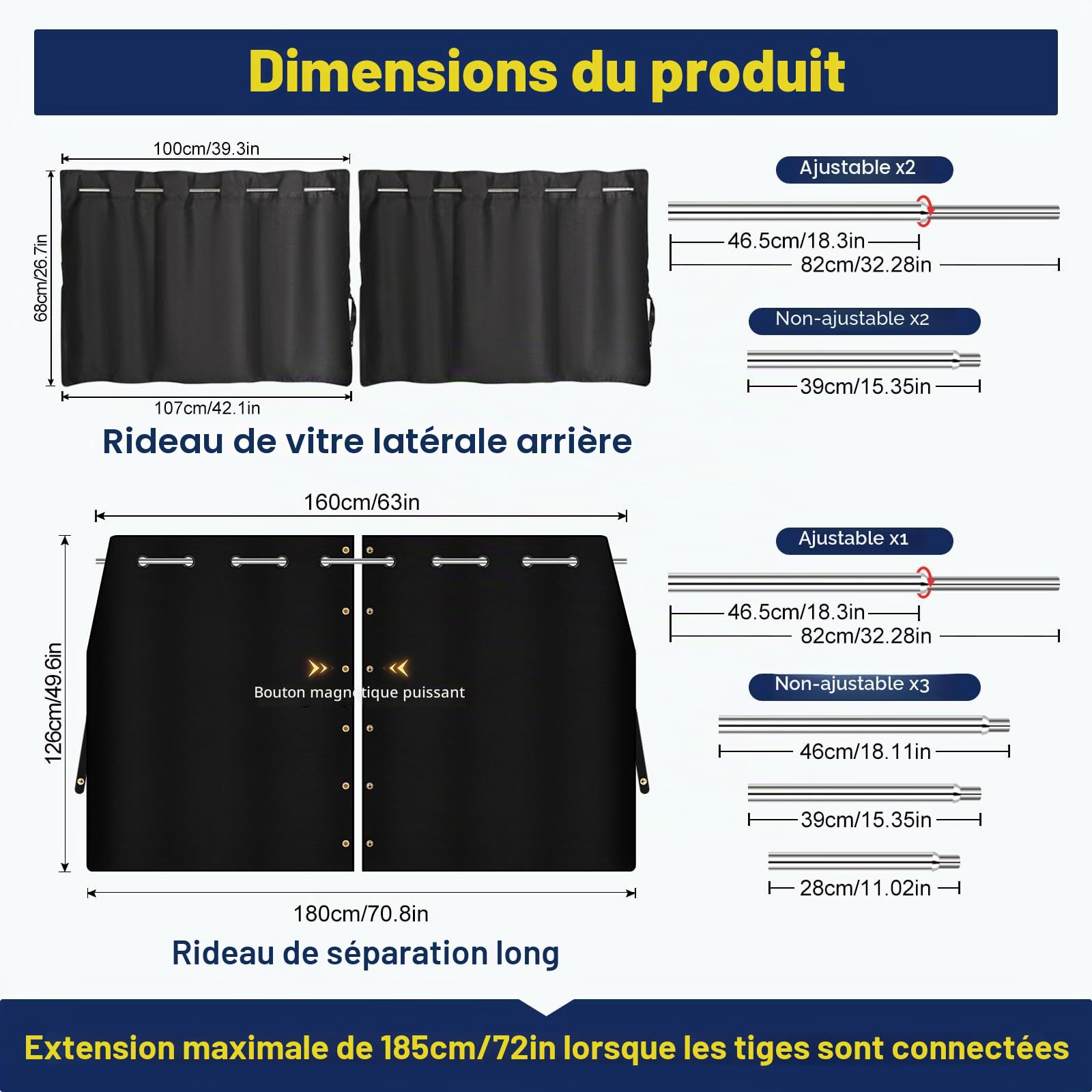 ZATOOTO Rideaux Occultant de Voiture pour Intimité (Lot de 3), Pare Soleil Voiture Arriere en Tissu Oxford avec Tige réglable,Store Protection Solaire Magnétiques pour Camping Car 180x126cm