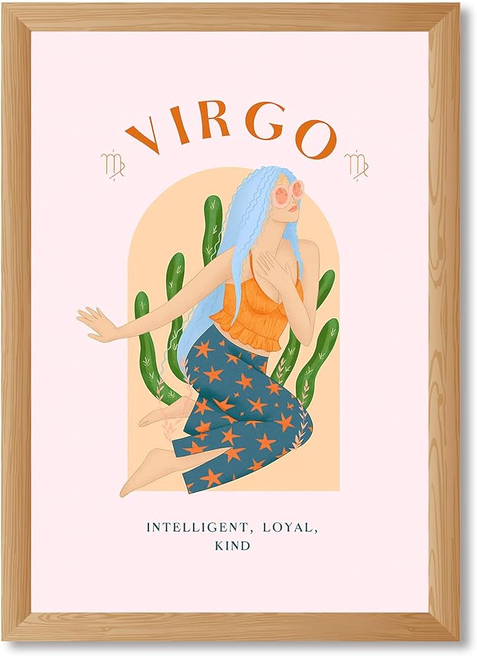 Framed Virgo Zodiac Sign Poster Canvas Print Art Cute Wall Art Painting Pictures Boho Trendy Wall Decoration for Bedroom Living Room Dorm Room Home Decor (Wood Framed,12L x16W)