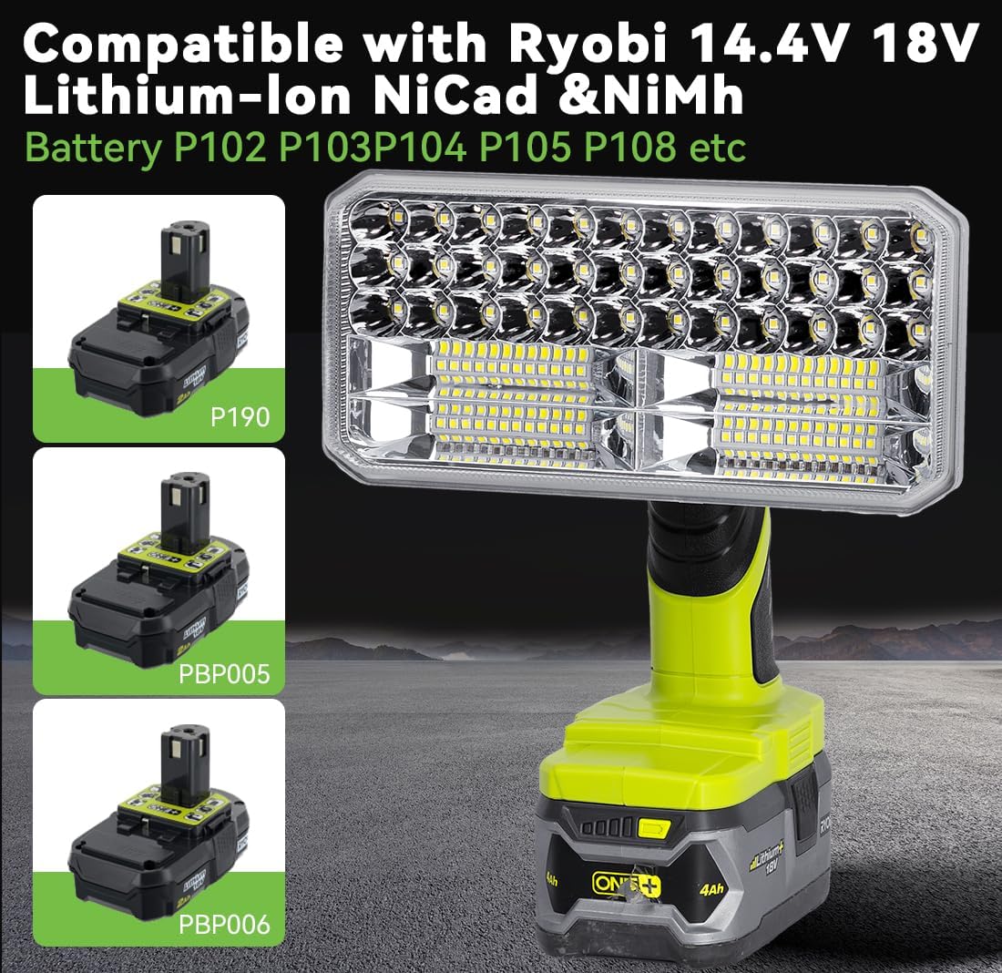 84 LED Beads 40W 4200LM Handheld LED Work Light with 3 Light Modes & 90° Pivoting Head for Ryobi One+ 18V Li-ion/Ni-Cad/Ni-MH Batteries Zinc Alloy Construction for Indoor/Outdoor Use