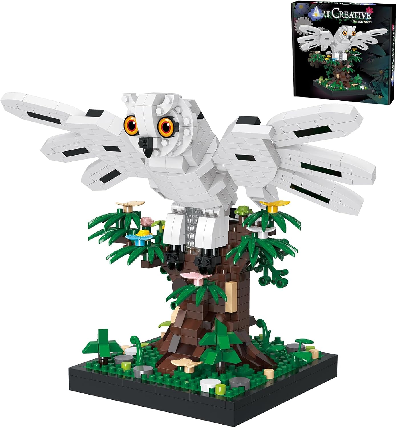 Snowy Owl Building Blocks Set Flying Bird Micro Mini Bricks Toy on Tree Magic Animal Desk Decor Display Ornament DIY Creative Hobby Gifts for Adults Teens