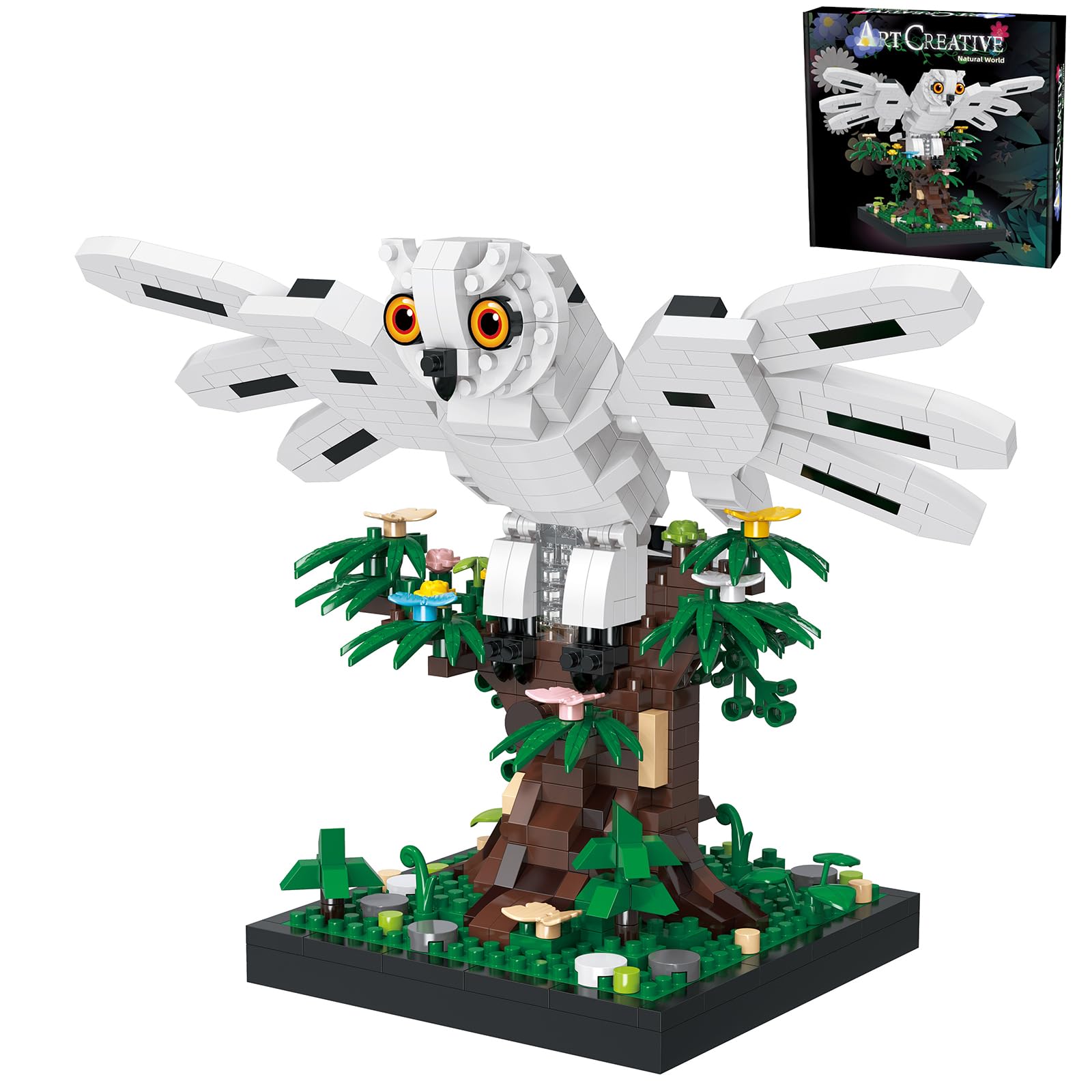 APENGBAOL Snowy Owl Building Blocks Set Flying Bird Micro Mini Bricks Toy on Tree Magic Animal Desk Decor Display Ornament DIY Creative Hobby Gifts