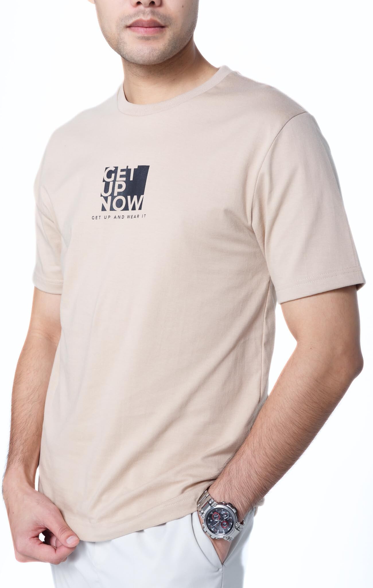 GETUPSERIESStylish Men's Beige Round Collar Shirt: Comfort Fit Tee with Trendy Pattern Design - Versatile Casual Wear | Cotton Combed 20